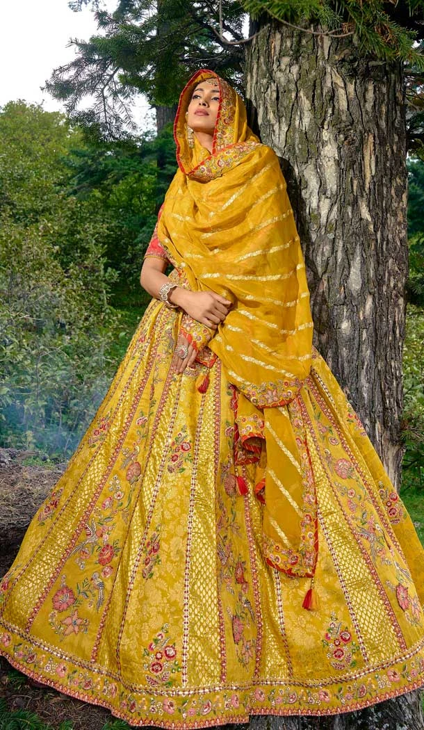 Mustard Silk Sequins Work Wedding Wear Lehenga Choli - 10493194232