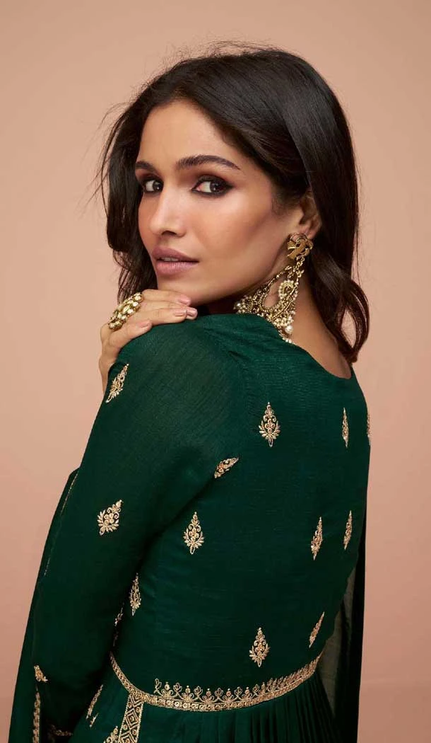 Vichitra Silk Sequins Work Pakistani Style Palazzo Salwar Suit In Green - 10494194234