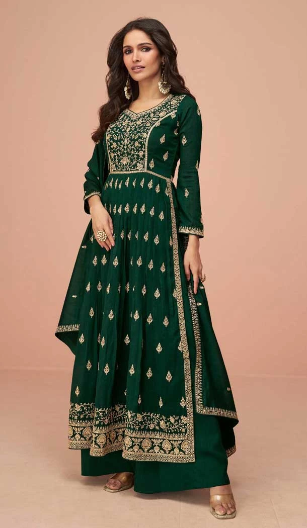 Vichitra Silk Sequins Work Pakistani Style Palazzo Salwar Suit In Green - 10494194234