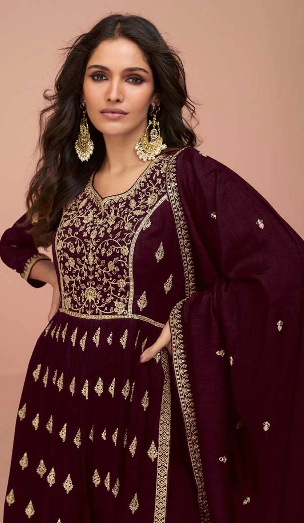 Vichitra Silk Sequins Work Pakistani Style Palazzo Salwar Suit In Maroon - 10494194236