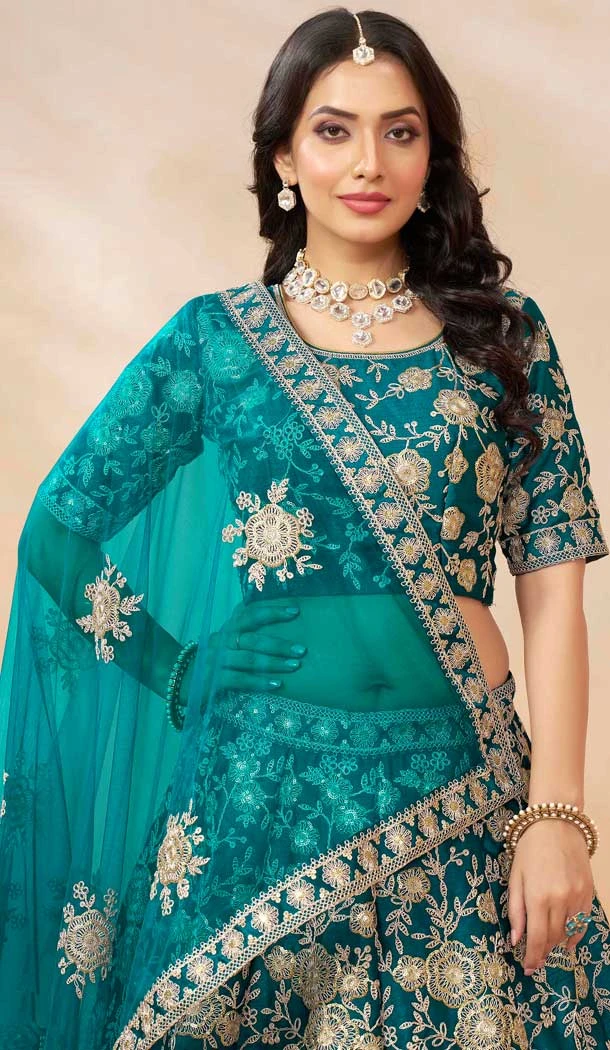 Rama Blue Art Silk Embroidered Designer Wear Lehenga Choli - 10497194248