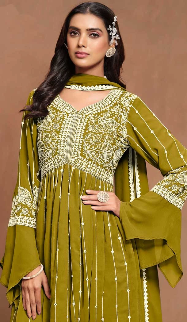 Faux Georgette Sequins Work Party Wear Palazzo Suit In Mehendi Green - 10498194252