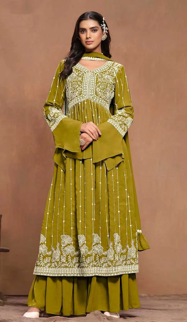 Faux Georgette Sequins Work Party Wear Palazzo Suit In Mehendi Green - 10498194252