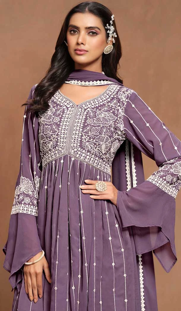 Faux Georgette Sequins Work Party Wear Palazzo Suit In Purple - 10498194253