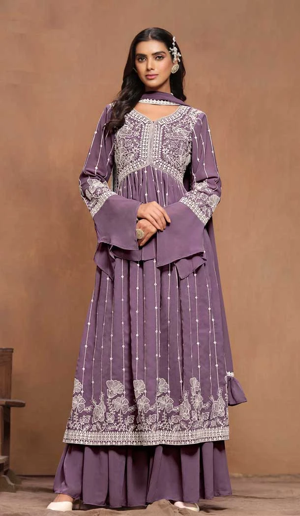 Faux Georgette Sequins Work Party Wear Palazzo Suit In Purple - 10498194253