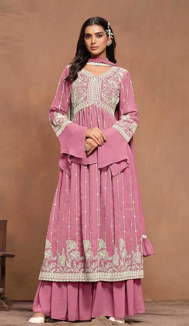 Faux Georgette Sequins Work Party Wear Palazzo Suit In Pink - 10498194255