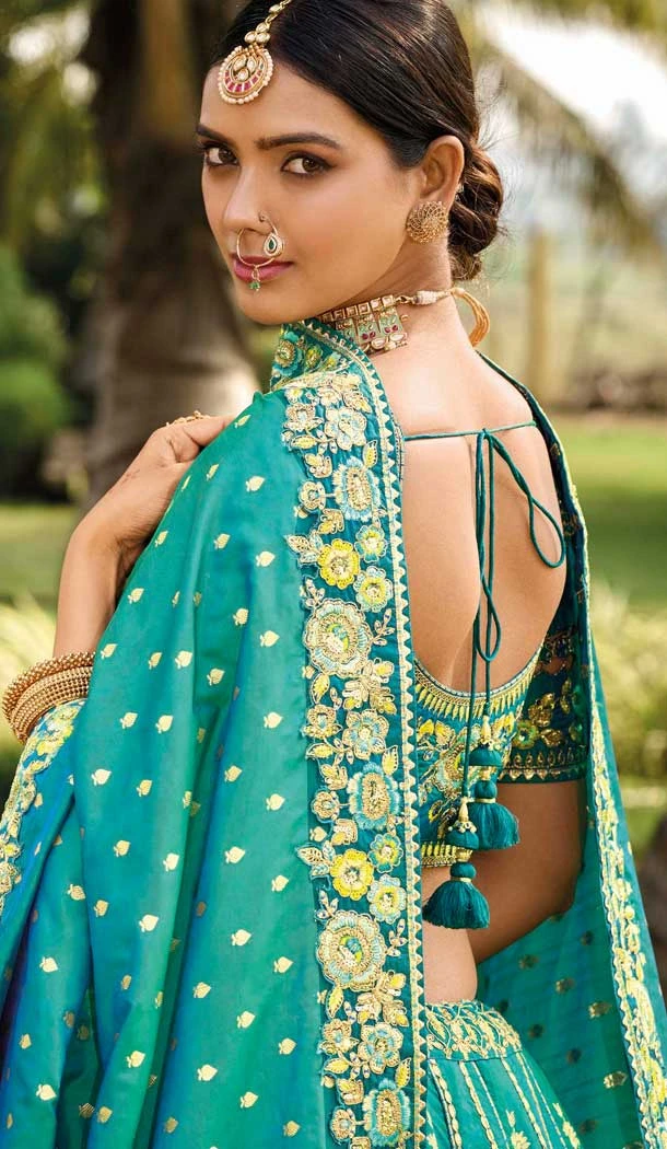 Mint Blue Banarasi Silk Resham Work Wedding Wear Lehenga Choli - 10500194262