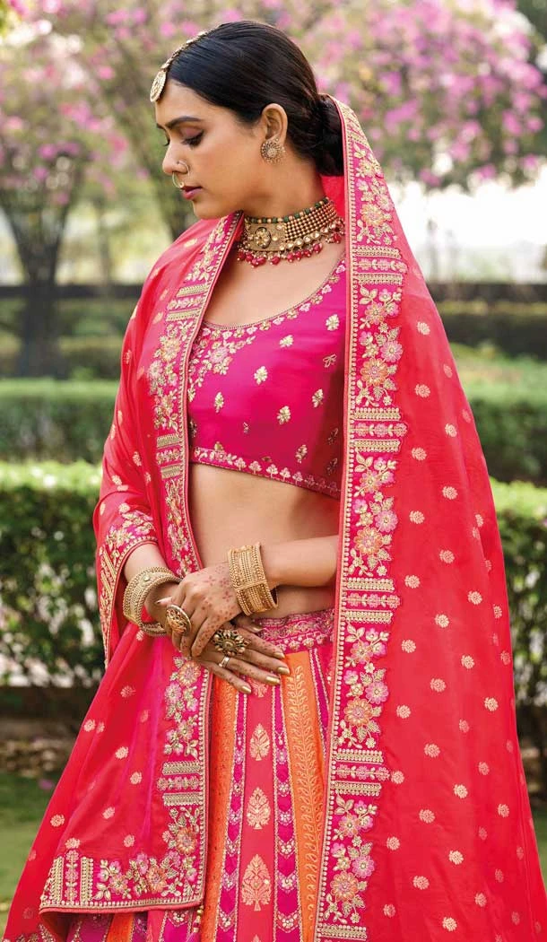 Pink And Orange Banarasi Silk Resham Work Wedding Wear Lehenga Choli - 10500194263