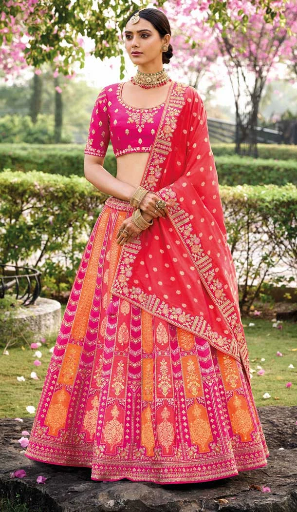 Pink And Orange Banarasi Silk Resham Work Wedding Wear Lehenga Choli - 10500194263