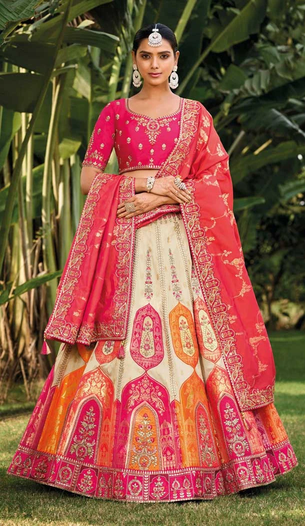Banarasi Silk Resham Work Wedding Wear Lehenga Choli In Beige - 10500194265