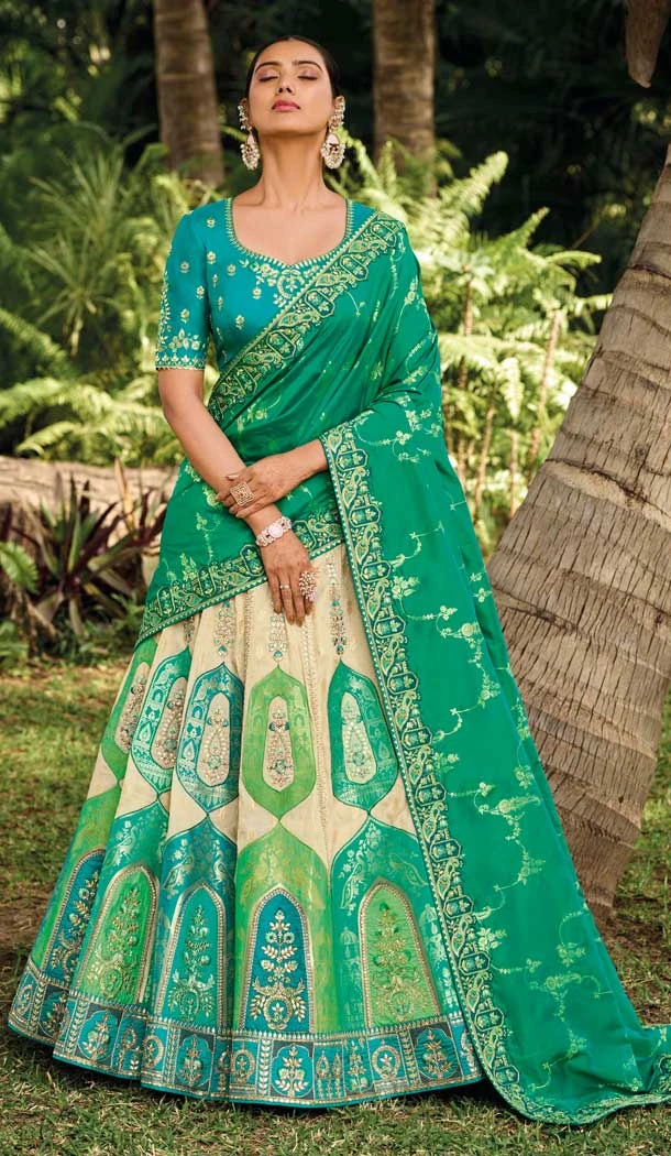 Multi Color Banarasi Silk Resham Work Wedding Wear Lehenga Choli - 10500194266