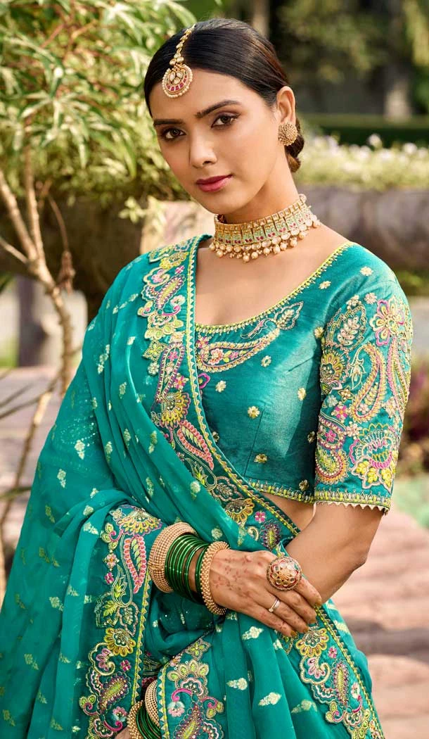 Mint Green Georgette Weaving Silk Resham Work Wedding Wear Lehenga Choli - 10500194267