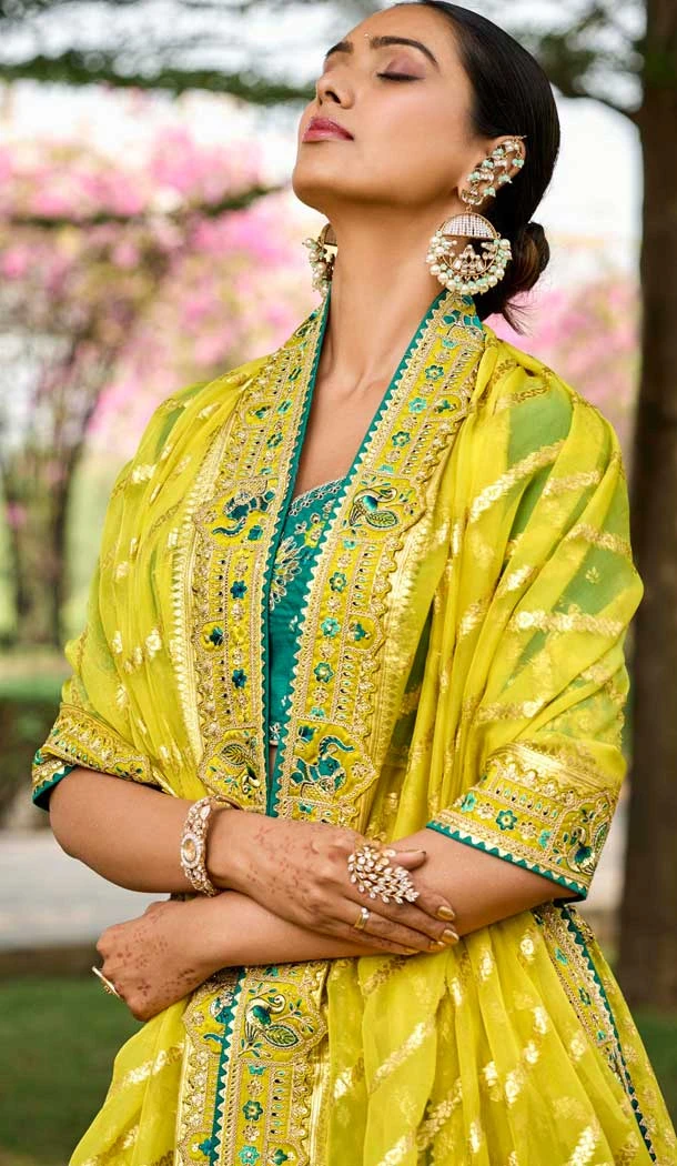 Lemon Yellow Georgette Weaving Silk Resham Work Wedding Wear Lehenga Choli - 10500194268