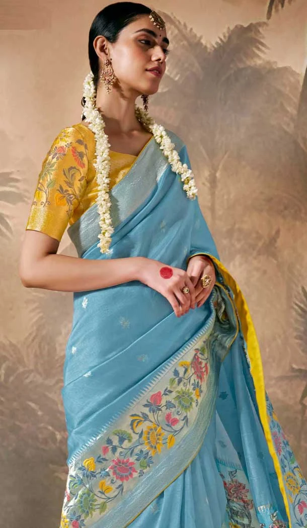 Sky Blue Silk Embroidered Designer Wear Saree - 10527194470