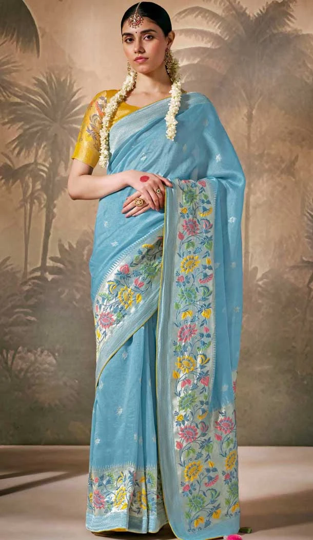 Sky Blue Silk Embroidered Designer Wear Saree - 10527194470