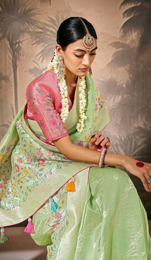 Pista Green Silk Embroidered Designer Wear Saree - 10527194472