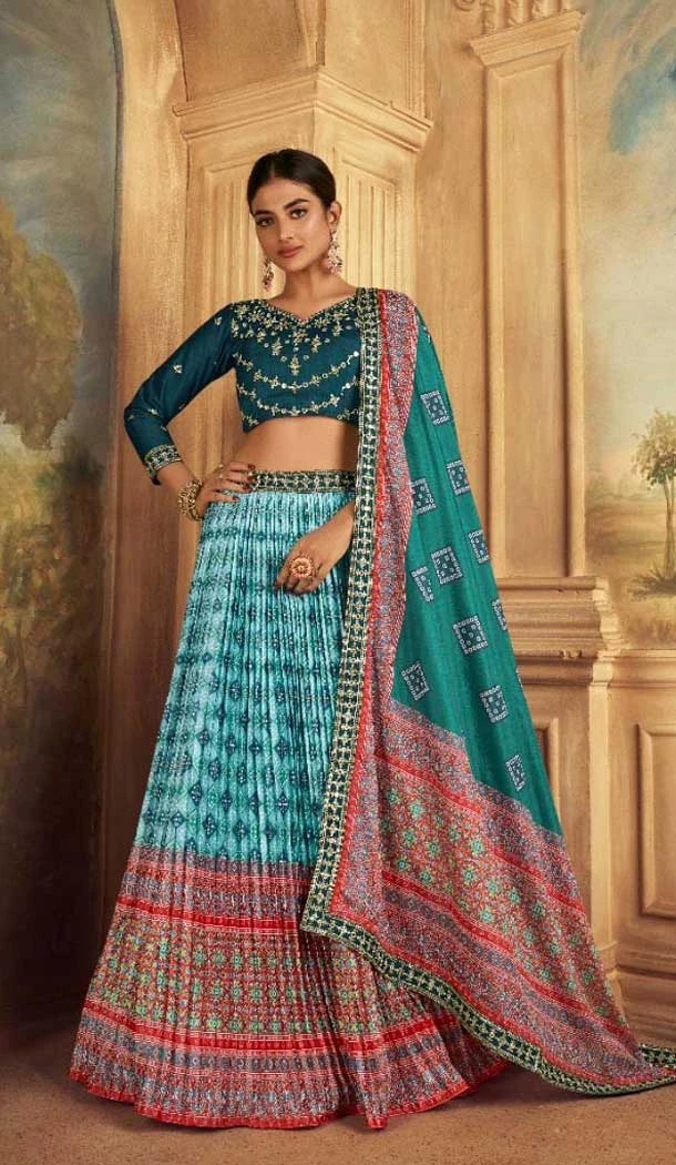 Sky Blue Gaji Silk Sequins Work Traditional Lehenga Choli - 10528194476