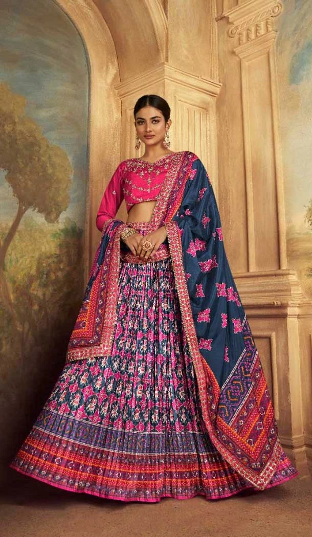 Teal Blue Gaji Silk Sequins Work Traditional Lehenga Choli - 10528194478