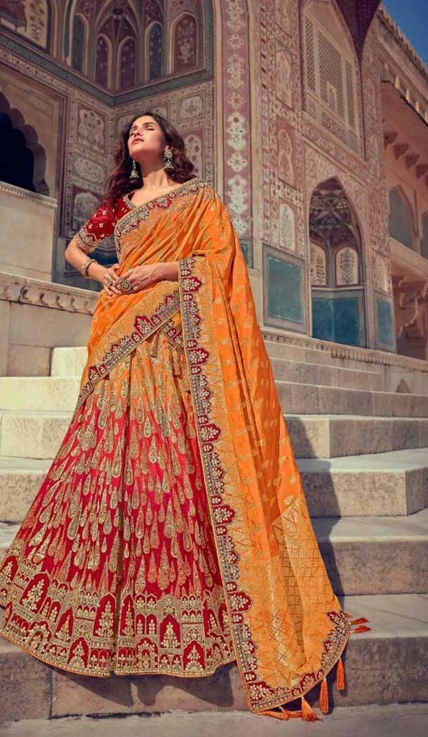 Red And Orange Art Silk Weaving Work Wedding Wear Lehenga Choli - 10529194482