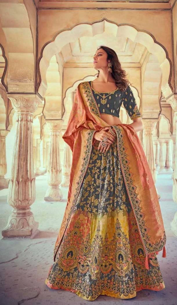 Grey Art Silk Weaving Work Wedding Wear Lehenga Choli - 10529194483