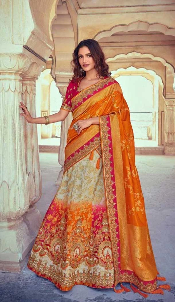 Beige Art Silk Weaving Work Wedding Wear Lehenga Choli - 10529194484