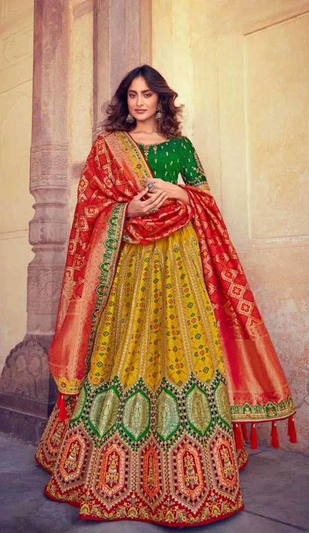 Yellow Green Art Silk Weaving Work Wedding Wear Lehenga Choli - 10529194486