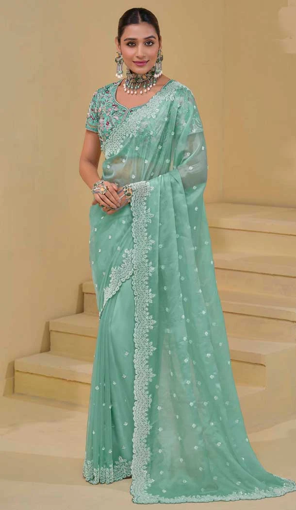 Rama Blue Banarasi Tuscany Resham Work Designer Wear Saree - 10530194488