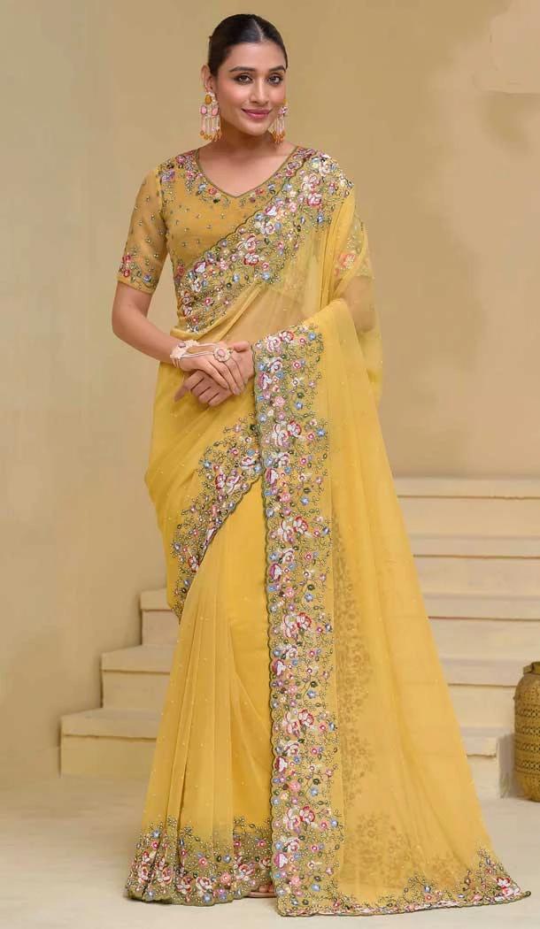 Yellow Banarasi Tuscany Resham Work Designer Wear Saree - 10530194489 Yellow Banarasi Tuscany Resham Work Designer Wear Saree - 10530194489