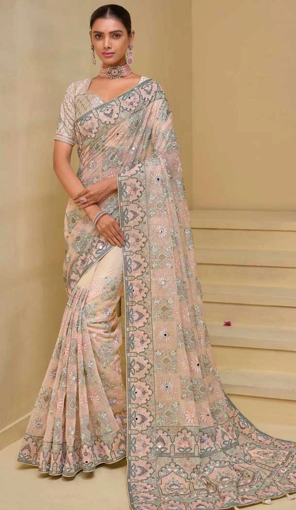 Baby Pink Banarasi Tuscany Resham Work Designer Wear Saree - 10530194492