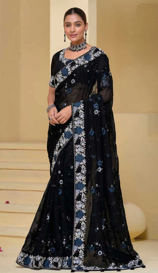 Black Banarasi Tuscany Sequins Work Designer Wear Saree - 10530194493