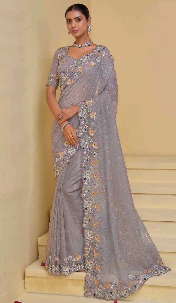Lavender Banarasi Tuscany Resham Work Designer Wear Saree - 10530194494