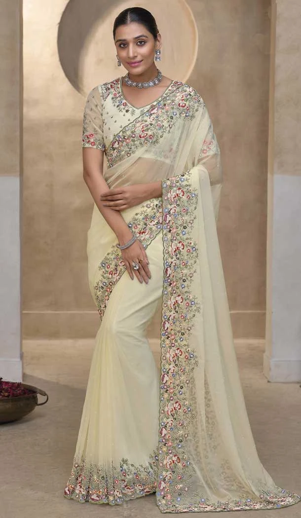 Cream Banarasi Tuscany Resham Work Designer Wear Saree - 10530194496