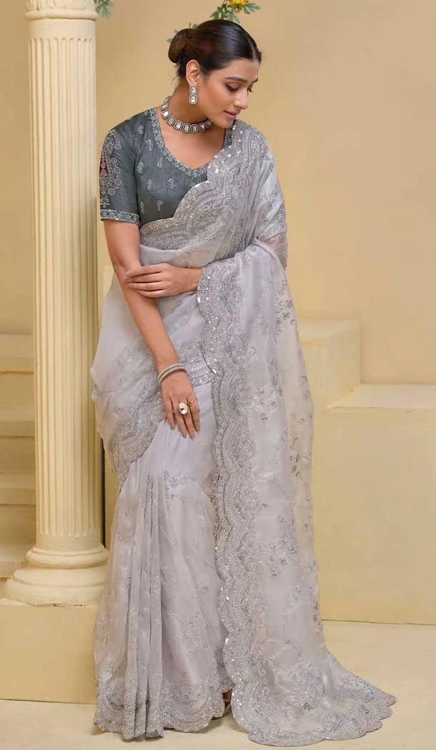 Grey Pure Soft Shine Resham Work Designer Wear Saree - 10530194501