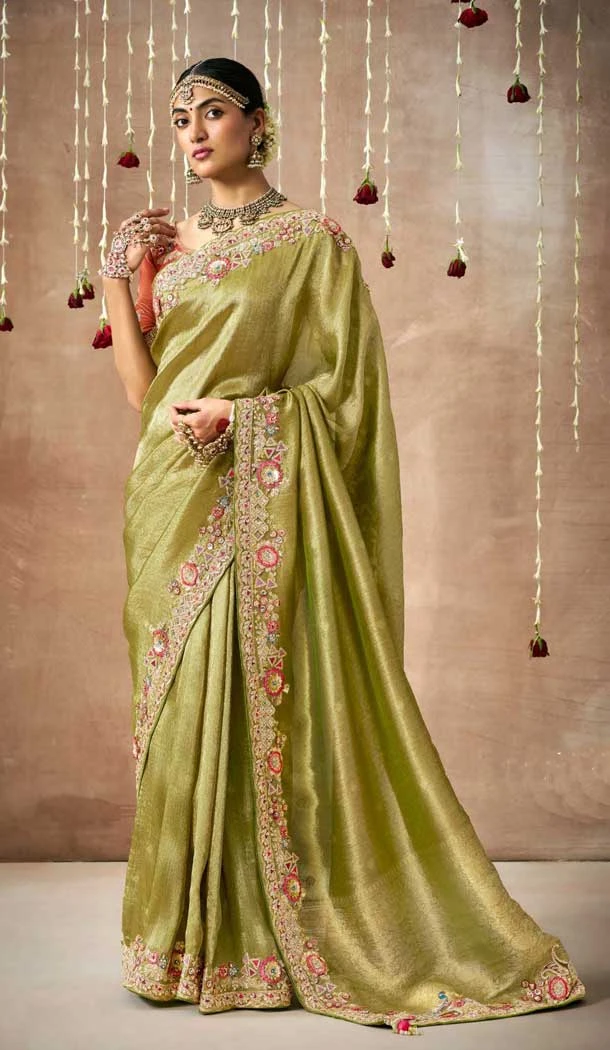 Mehendi Green Dola Silk Sequins Work Designer Wear Saree - 10535194517
