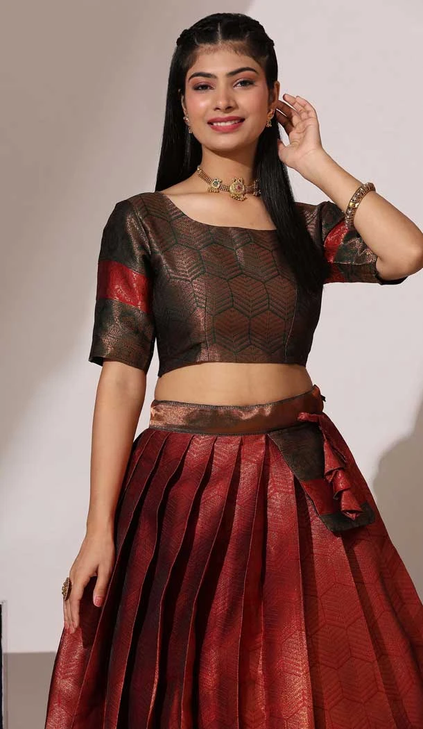 Red Silk Woven Work Traditional Wear Lehenga Choli - 10552194604