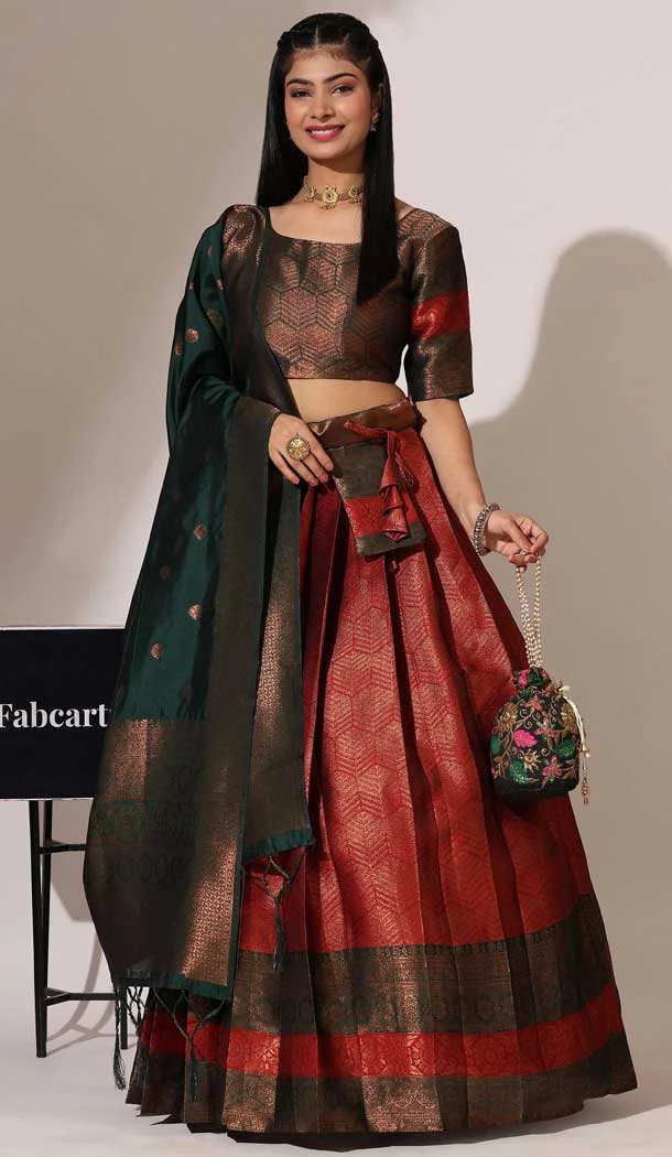 Red Silk Woven Work Traditional Wear Lehenga Choli - 10552194604