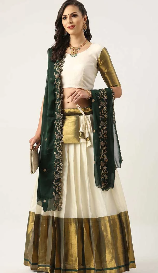 Traditional Off White Silk Woven Work Party Wear Lehenga Choli - 10553194609