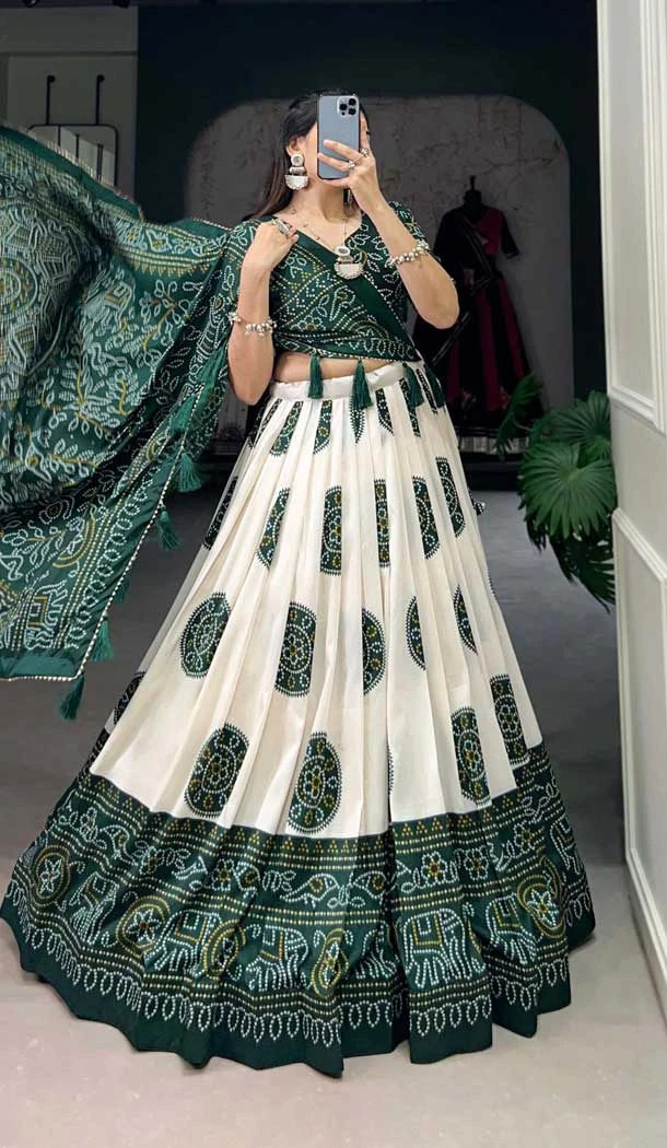 Tussar Silk Bandhani Print Party Wear Lehenga Choli In Green - 10517194362