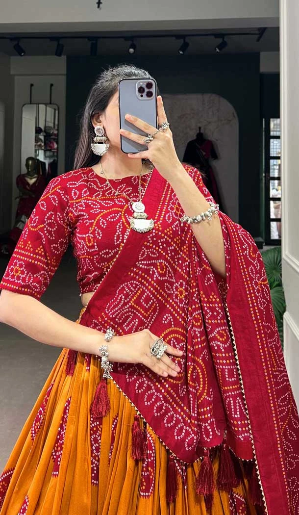 Tussar Silk Bandhani Print Party Wear Lehenga Choli In Mustard - 10517194363