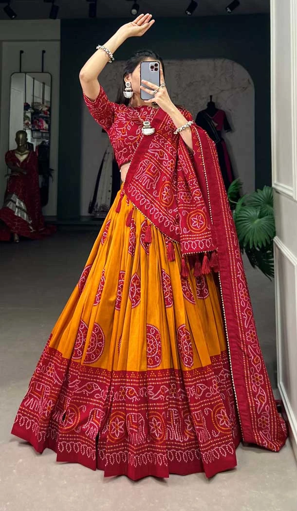 Tussar Silk Bandhani Print Party Wear Lehenga Choli In Mustard - 10517194363