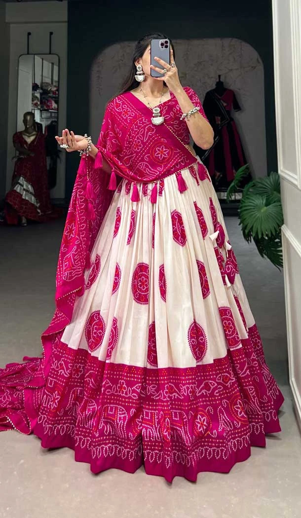 Tussar Silk Bandhani Print Party Wear Lehenga Choli In Pink - 10517194364