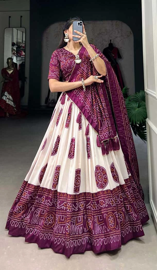 Tussar Silk Bandhani Print Party Wear Lehenga Choli In Wine - 10517194365