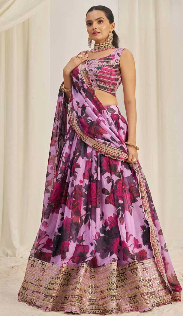 Pink Organza Digital Printed Designer Wear Lehenga Choli - 10544194561