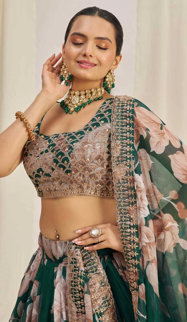 Teal Green Organza Digital Printed Designer Wear Lehenga Choli - 10544194565