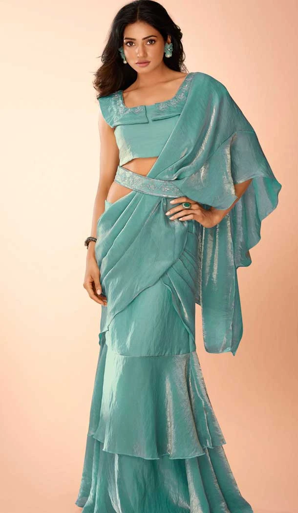 Mint Organza Resham Work Designer Wear Saree - 10545194570