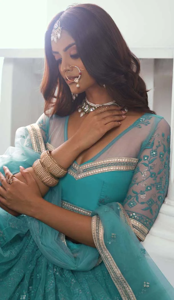 Rama Green Net Resham Work Party Wear Lehenga Choli - 10546194572