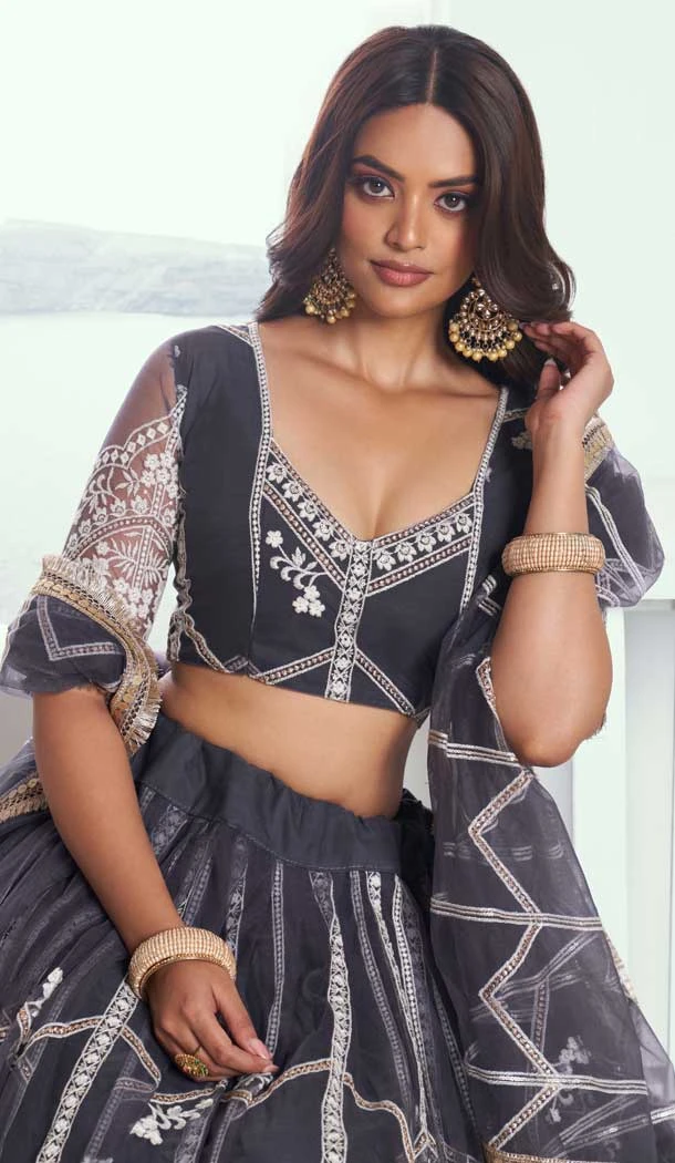 Dark Grey Net Resham Work Party Wear Lehenga Choli - 10546194574
