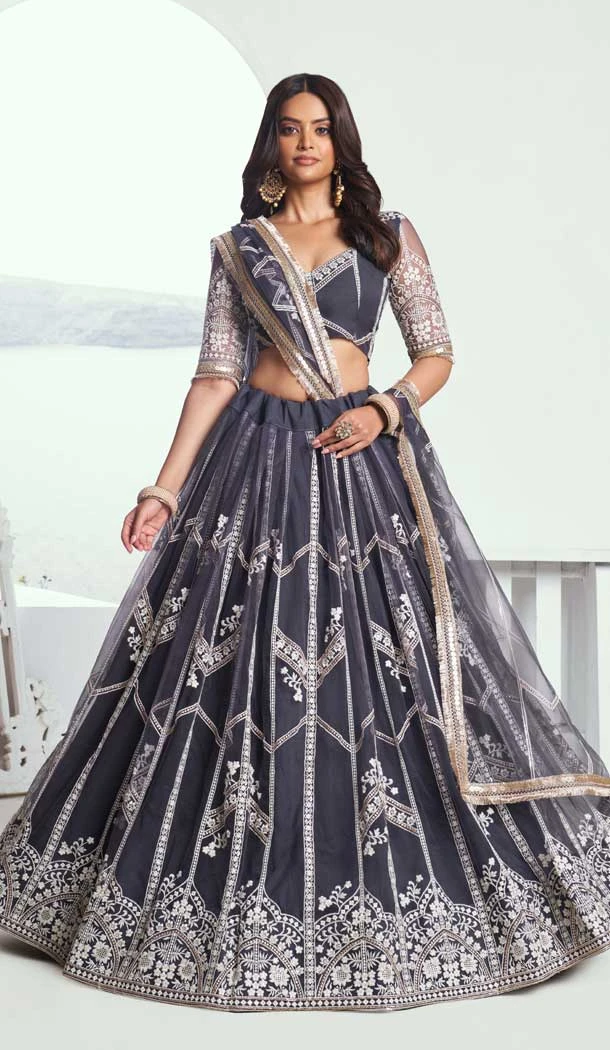 Dark Grey Net Resham Work Party Wear Lehenga Choli - 10546194574