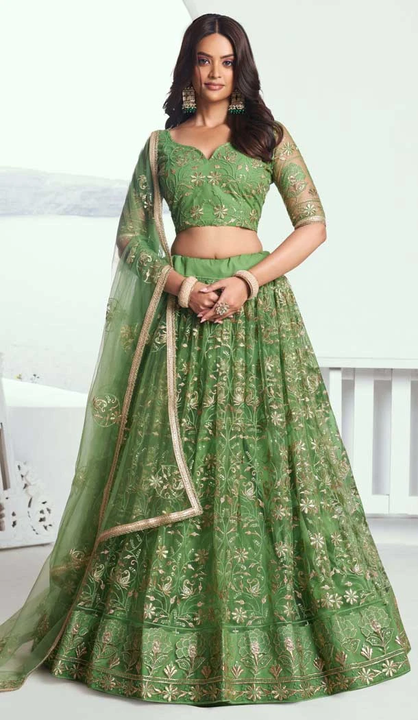 Pista Green Net Resham Work Party Wear Lehenga Choli - 10546194576