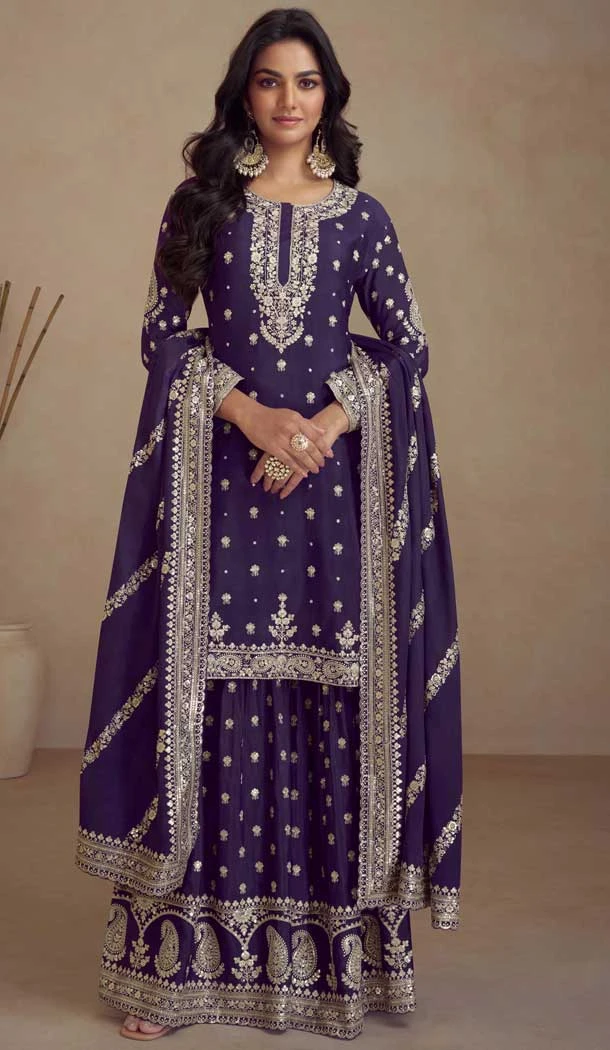Silk Embroidered Party Wear Palazzo Salwar Suit In Purple - 10516194358